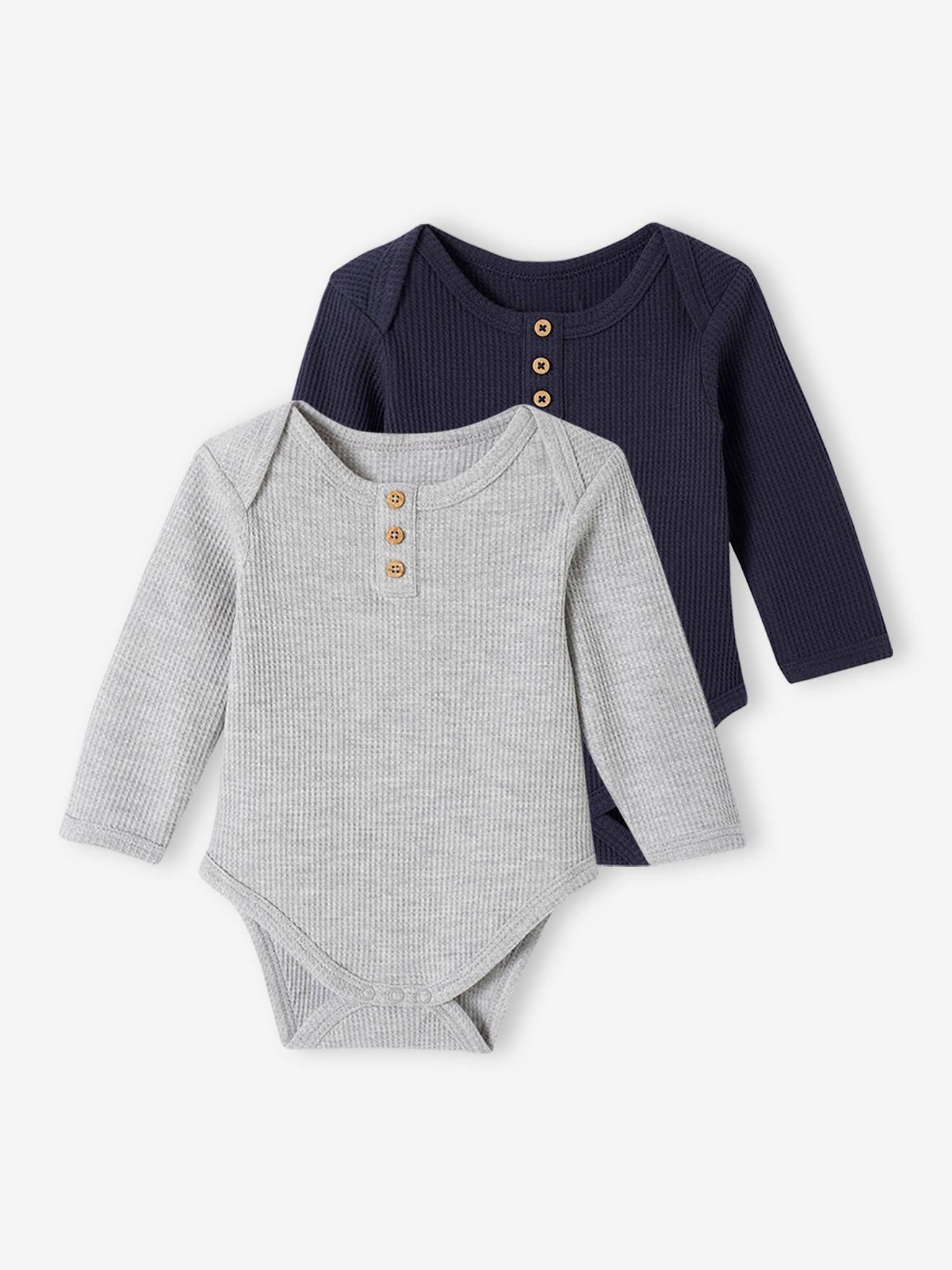 Conjunto com 2 bodies de manga comprida com estampa favo de mel para bebê, azul escuro