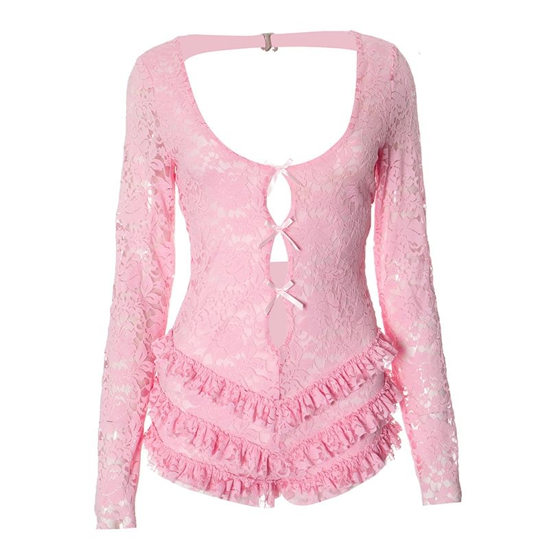 Hotarium - Playsuit met lange mouwen, ronde hals, kanten strikaccent en ruches