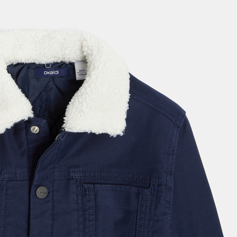 Blouson en toile doublée et col fourrure bleu garçon