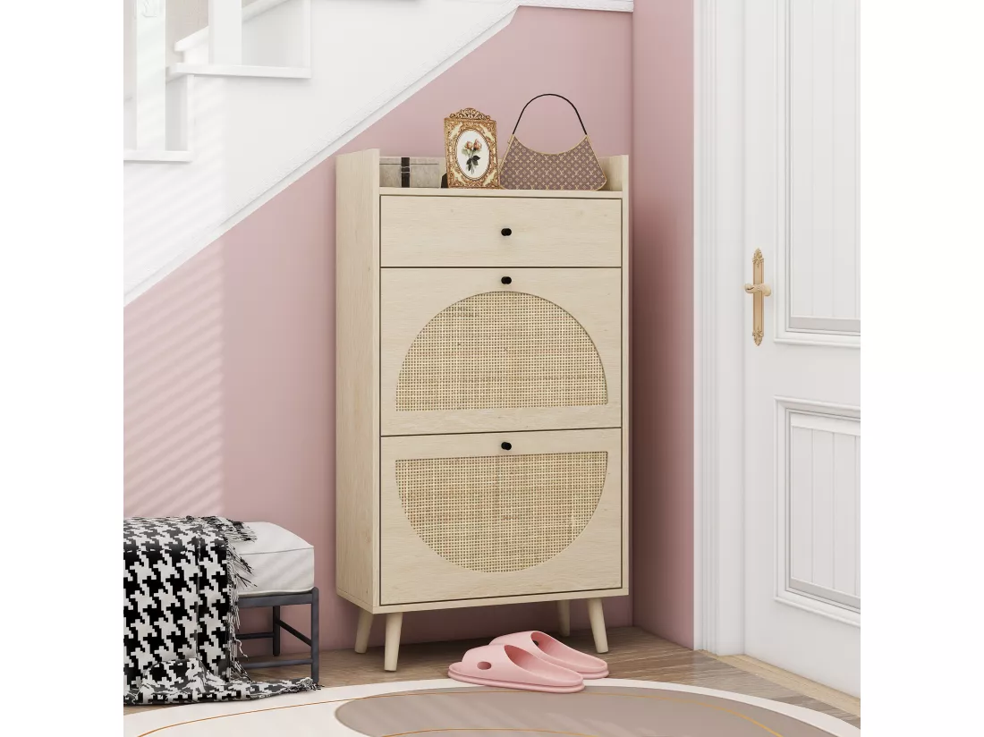 Haobosic - Meuble à chaussures avec 2 portes et 1 tiroir, design en rattan naturel, étagères ajustables, 60 cm, sans dos, idéal pour couloir