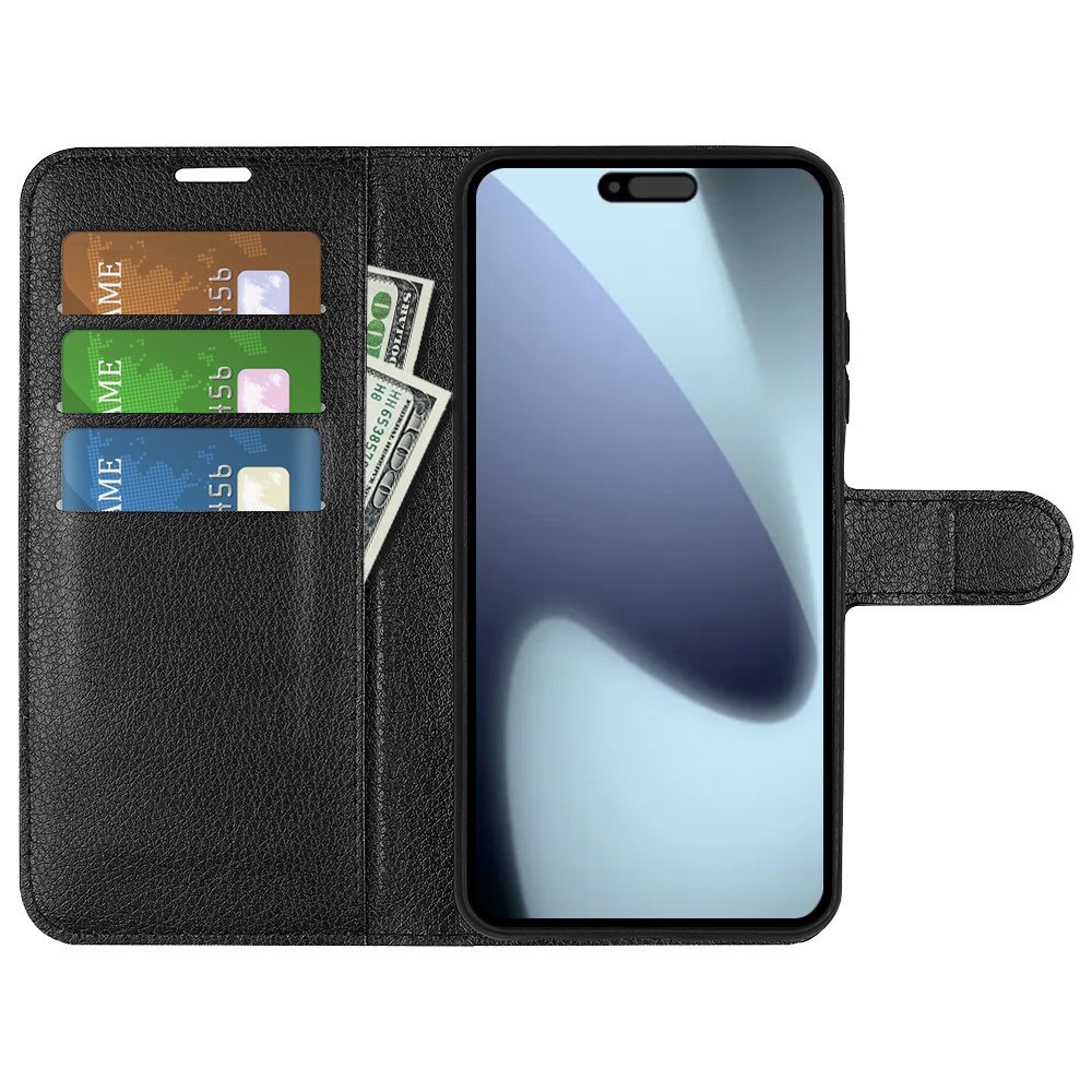 iPhone 17 Leder Tasche Flip Cover Litchi Look - Schwarz