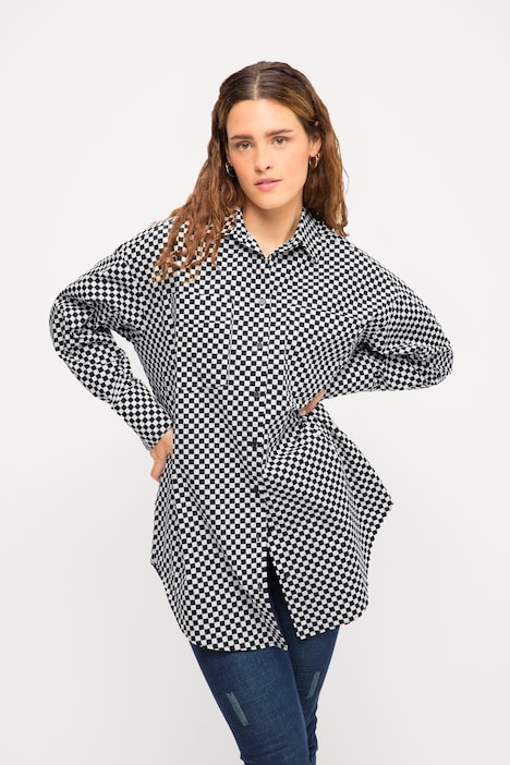 Hemdbluse, Oversized, Schachbrett-Karo, Hemdkragen, Langarm