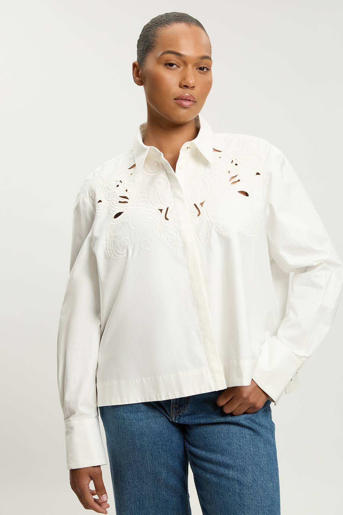 KarenMillen Chemise En Popeline De Coton Avec Broderie Ajourée Grande Taille