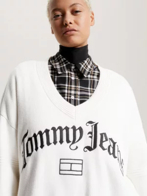 Suéter oversized com decote em V e logo