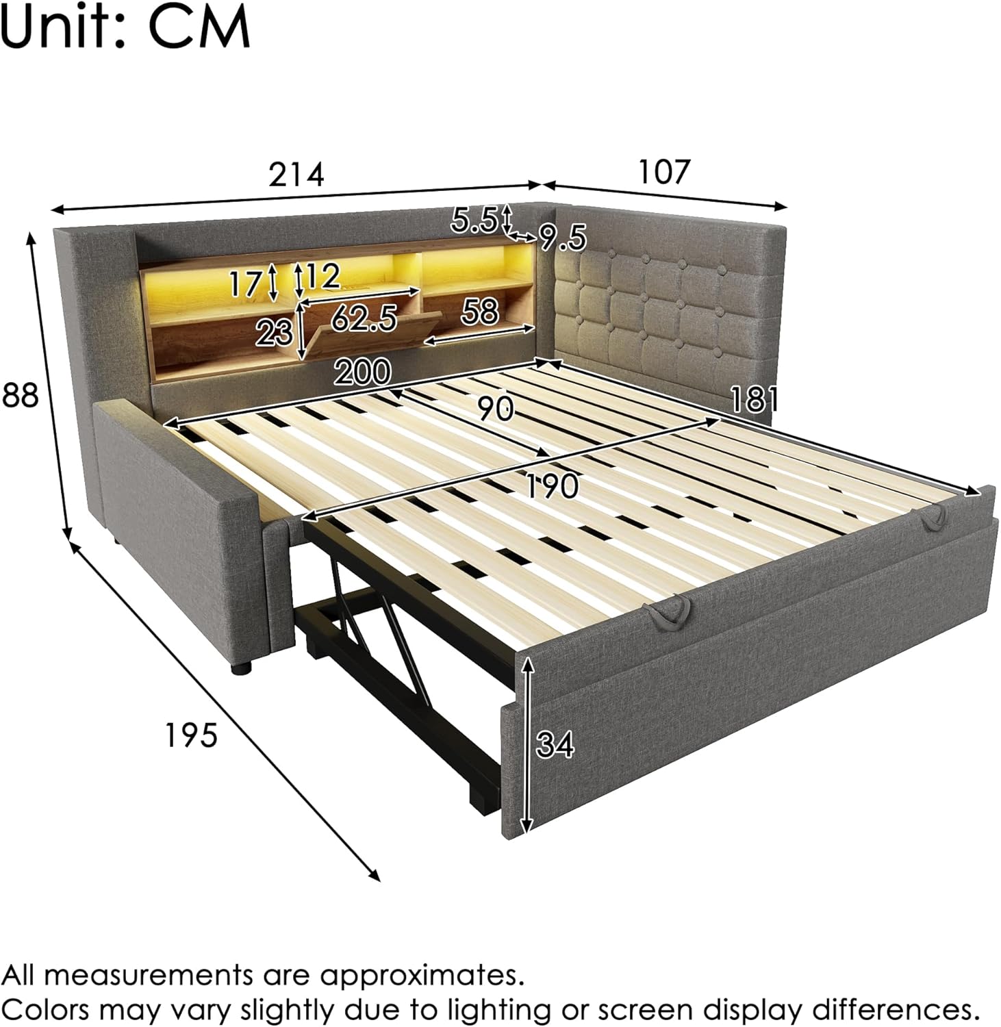 Polsterbett Bett mit LED-Beleuchtung 90x200cm, Mit Ausziehbett 90x190cm, Struraumbett, L-förmigem Kopfteil mit Stauraum, beidseitig montierbar, Lattenrost, Leinen (Grau-A)