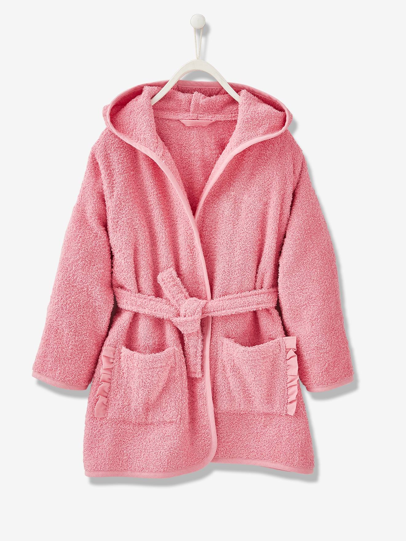 Roupão infantil liso rosa escuro com estampa de unicórnio.