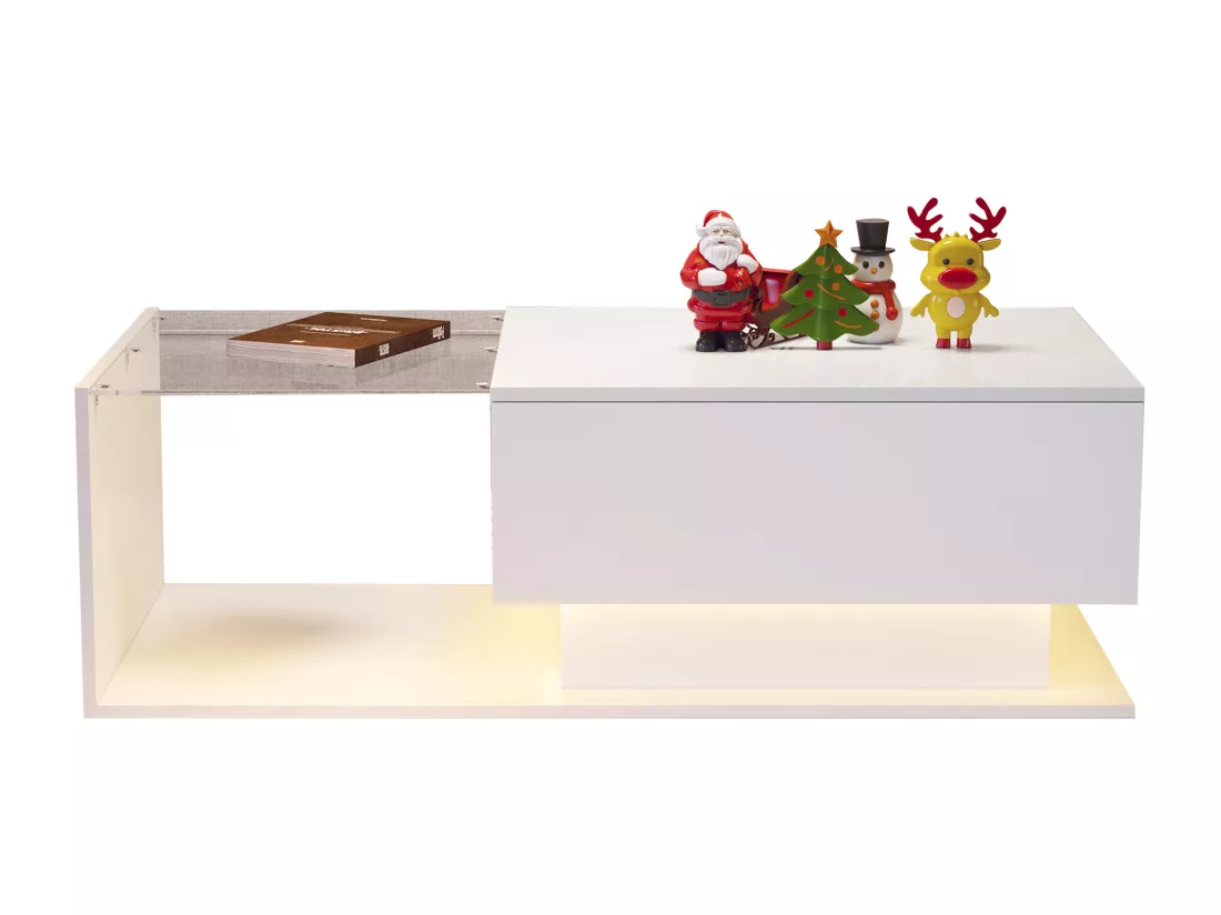 Table basse avec grand tiroir - 100x50x32 cm - LEDs - plateau en verre - Panneaux de particules - Blanc brillant