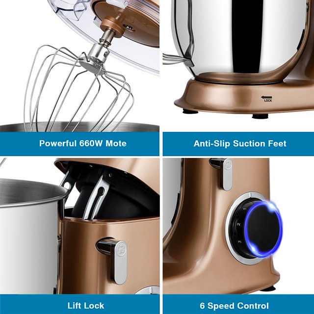 Batedeira de pedestal uhomepro de 7,5 QT para cozinha, 6 velocidades + 0 + P, cabeça inclinável, 660 W, batedeira elétrica para massa, uso doméstico e comercial, com gancho para massa, batedor, batedor de ovos, espátula, própria para lava-louças.
