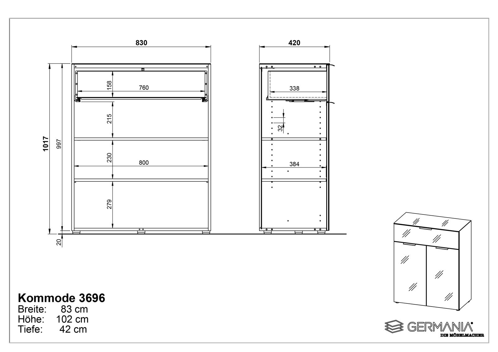 CASAVANTI Kommode OAKLAND 83 x 102 cm Glas Weiß/Weiß