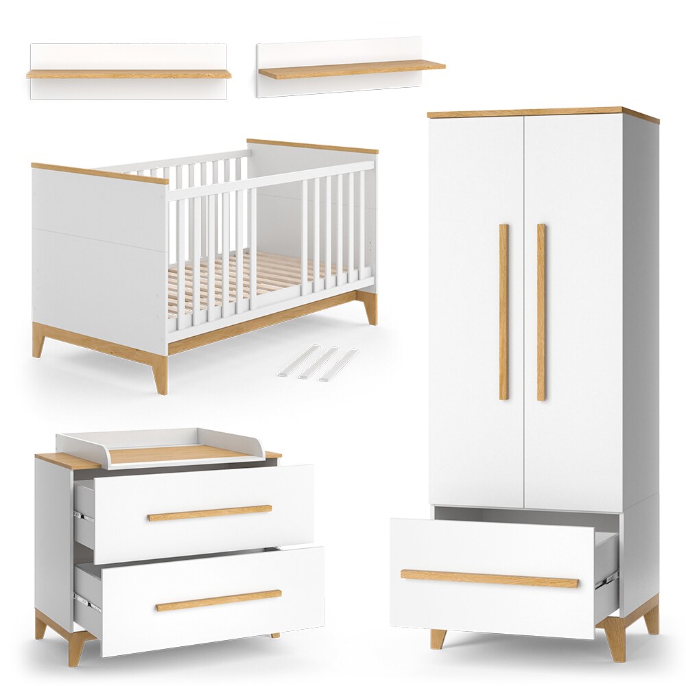 VitaliSpa Babymöbel Set Malia Weiß Eiche Wickelkommode Wandregal Kinderbett Kleiderschrank Kinderzimmermöbel Wickelauflage Aufbewahrung Lattenrost Rausfallschutz Kleiderstange
