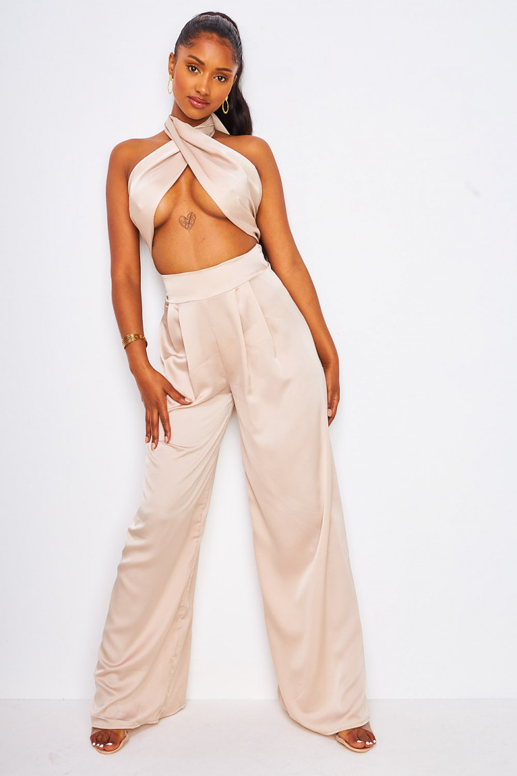 Ensemble satiné beige top à nouer + pantalon