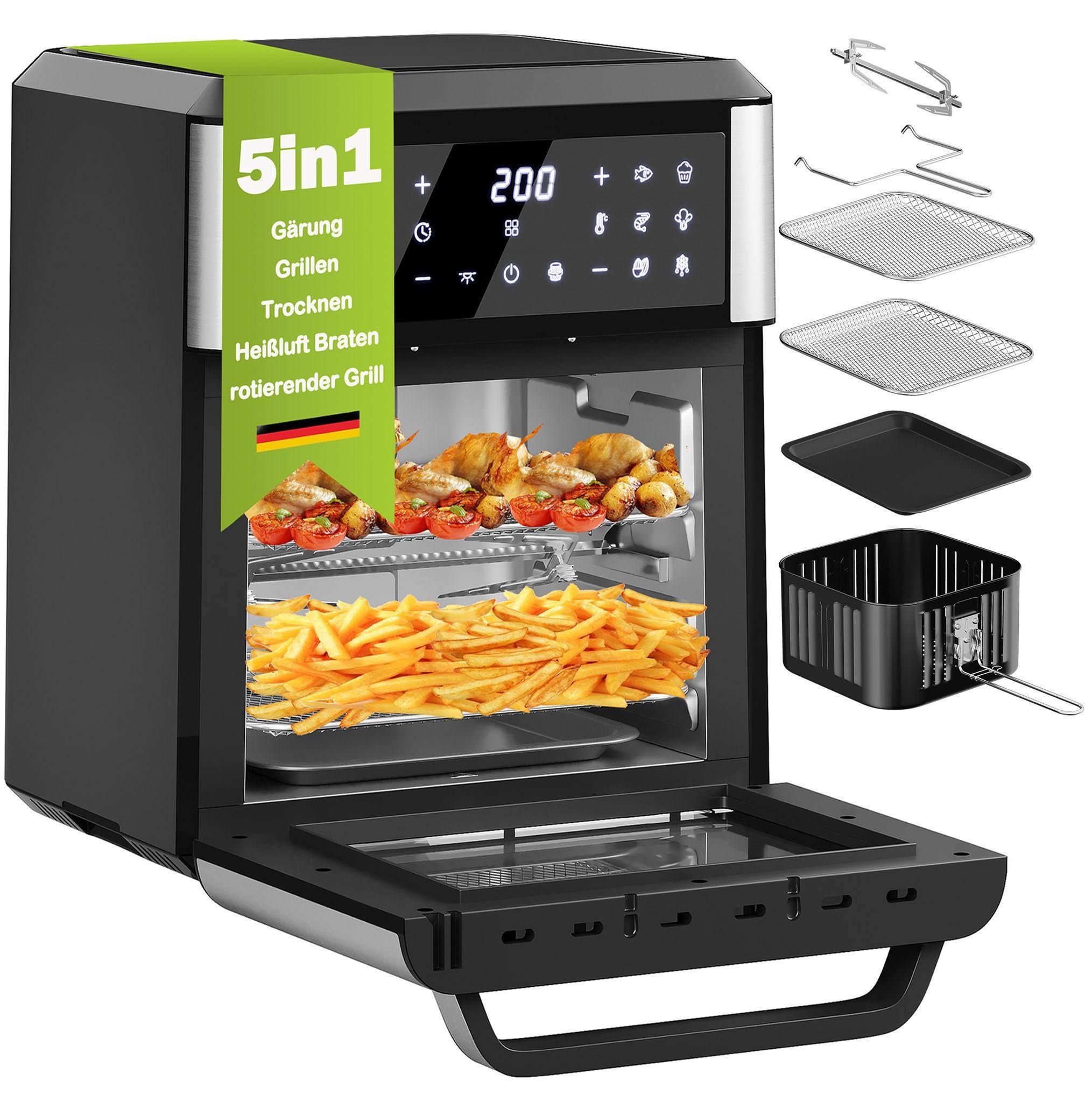 HOMELUX Heißluftfritteuse 12L XXL Fritteuse, Multifunktionsofen mit Zubehör, 5in1 Easy Fry & Grill, 1800,00 W, 12 programme,5-in-1 kombiniert Grillen,