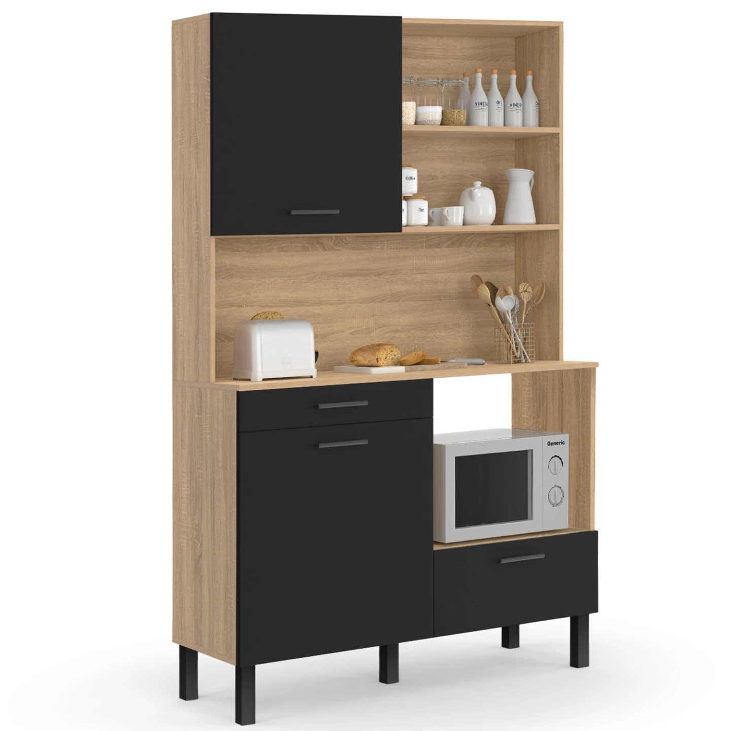 Buffet de cuisine 120 CM CINA 3 portes + 1 tiroir façon hêtre et noir