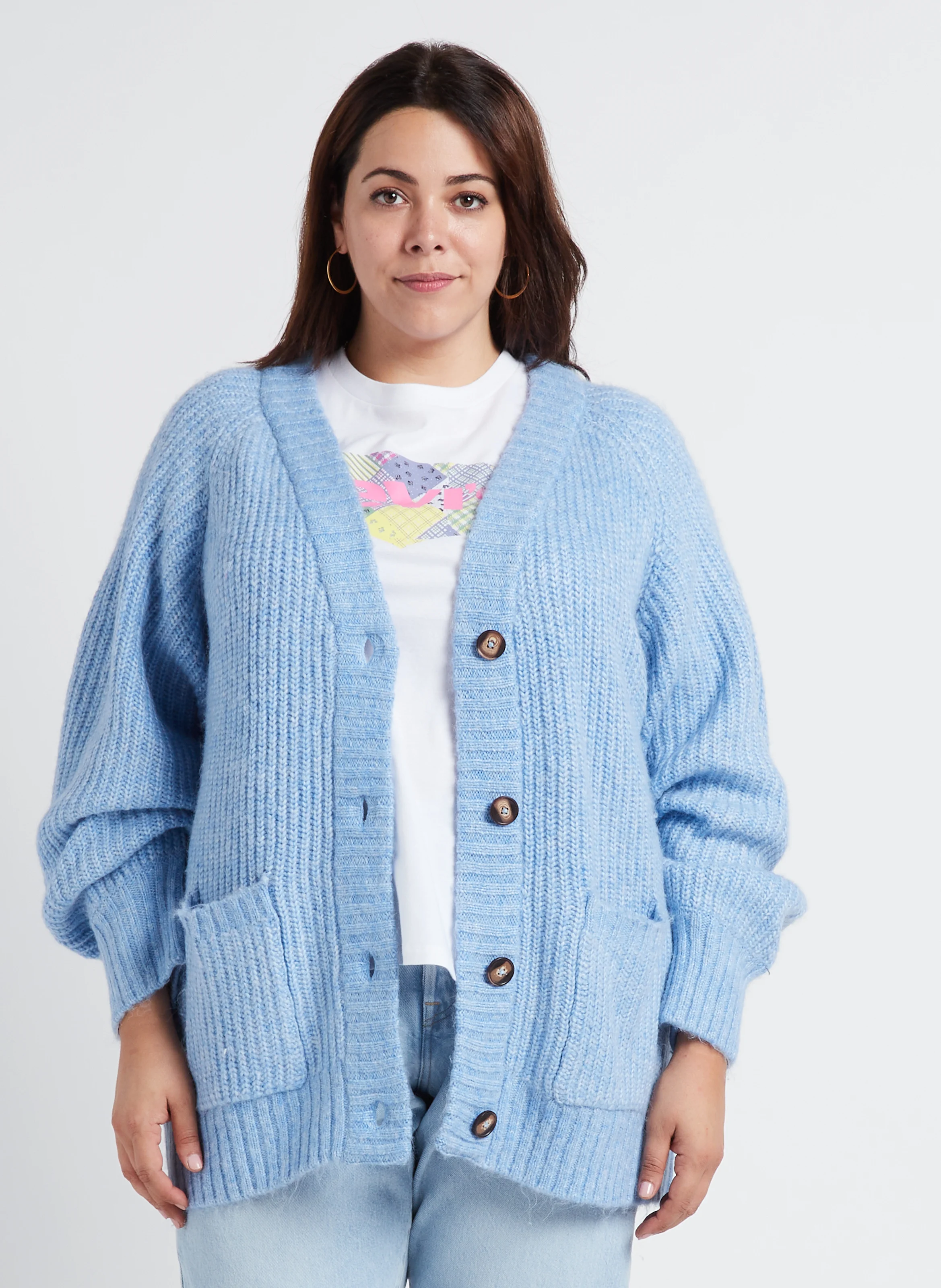 Cardigan oversize col V boutonné | Bleu