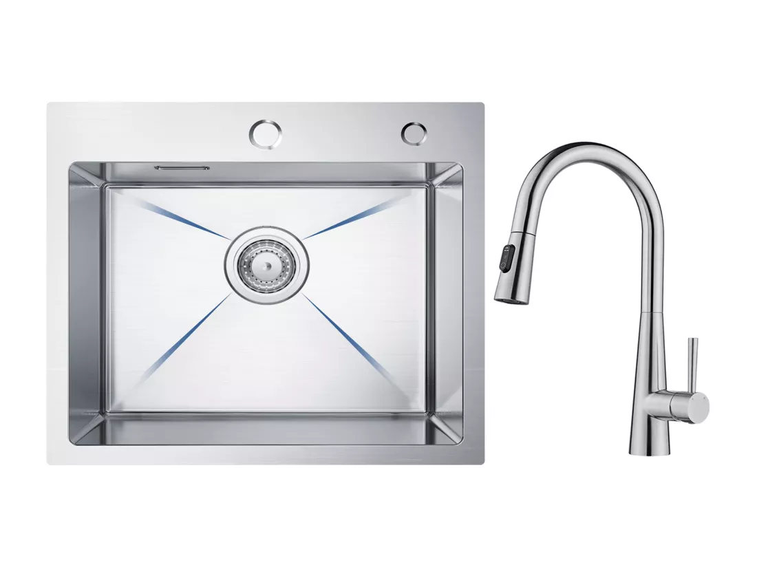 Cecipa max Évier Inox Évier Cuisine 1 Bac 50 × 45 cm Évier de Cuisine Brossé + Mitigeur avec Douchette Extractible, 3 Modes de Sortie D'eau, Brossé
