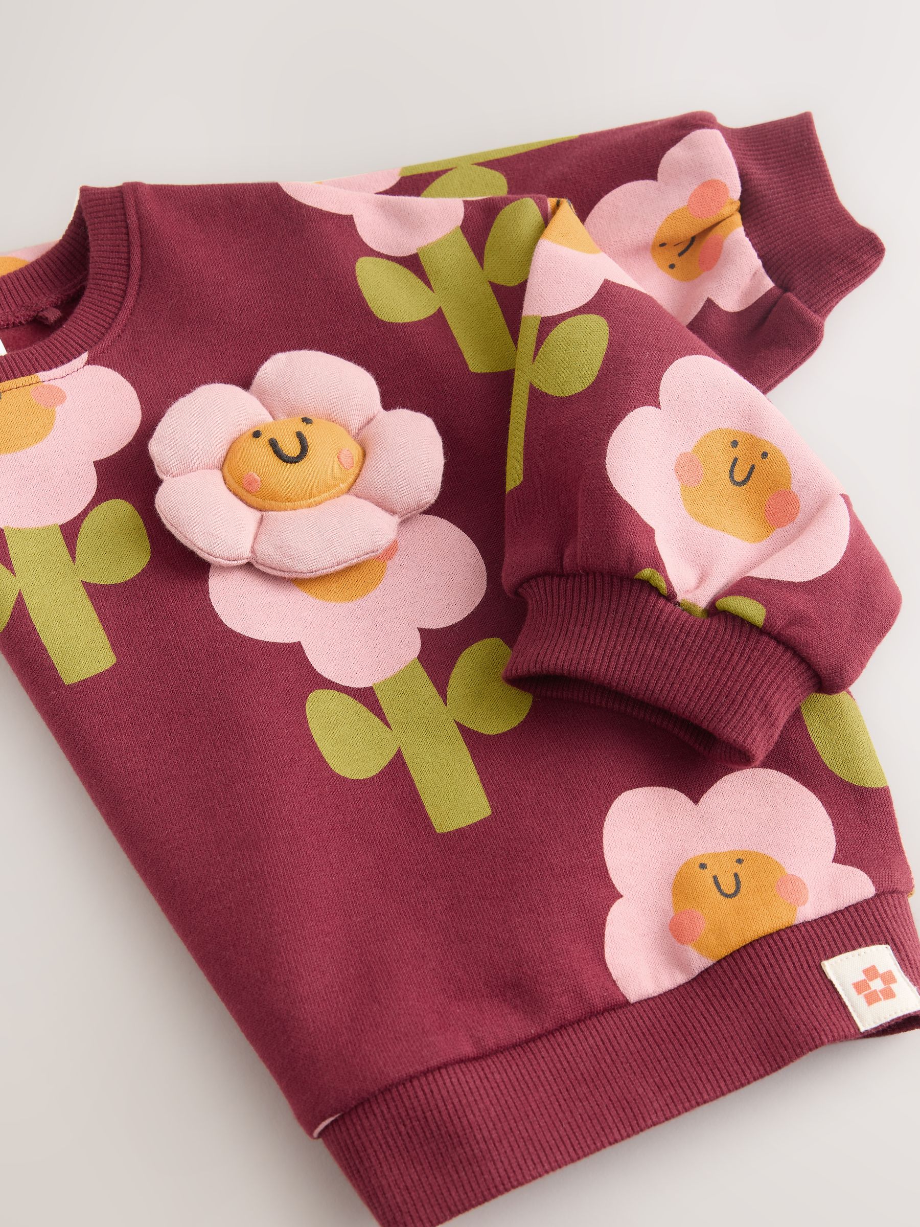 Bordeauxrode Smiley Bloemenprint - Sweatshirt met ronde hals (3 mnd-7 jr)