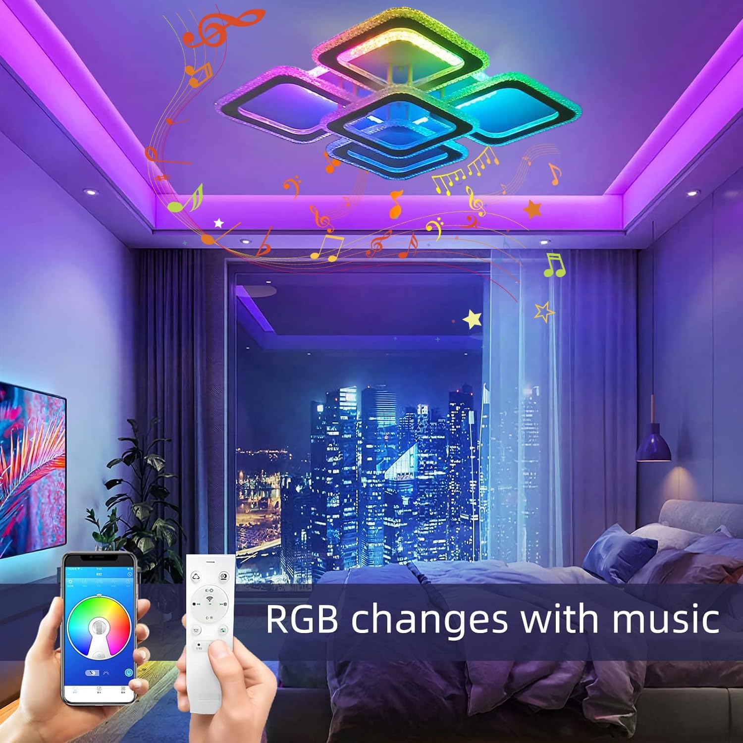 LED Musik Deckenleuchte mit Bluetooth Lautsprecher Wohnzimmerlampe Dimmbar RGB Farbwechsel Deckenlampe mit Fernbedienung Und APP Modern Deckenbeleuchtung Wohnzimmer Kinderzimmer Schlafzimmer Lampe