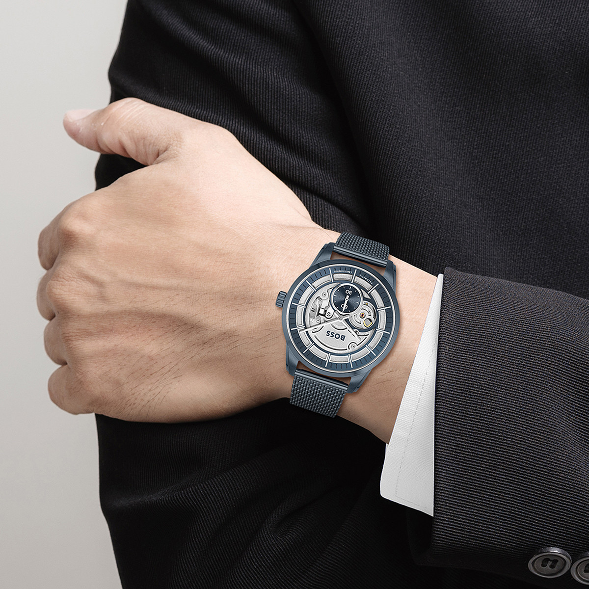 Montre BOSS sport lux homme automatique, bracelet acier bleu