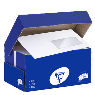 Clairefontaine Clairalfa - 250 Enveloppes DL 110 x 220 mm - 90 gr - fenêtre 45x100 mm - blanc - bande adhésive