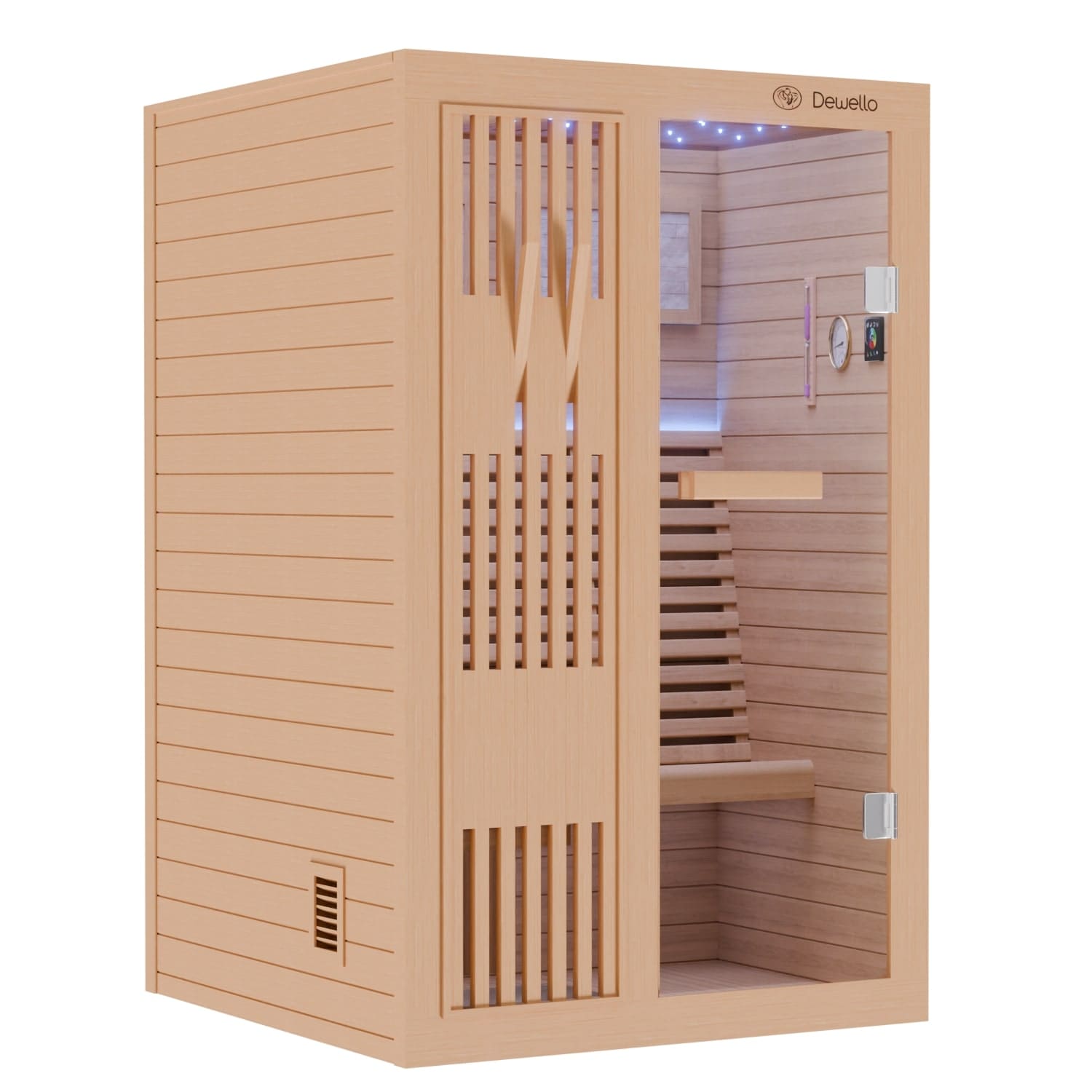 Dewello Finnische Sauna MINTO 120x120 Kabine aus Hemlock Tannenholz mit 3,5 kW Harvia Ofen, inkl Sauna Set