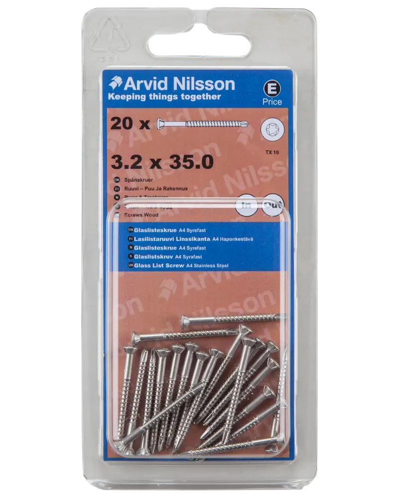 Arvid Nilsson Glaslisteskrue A4 3,2 x 35 mm 20-pak