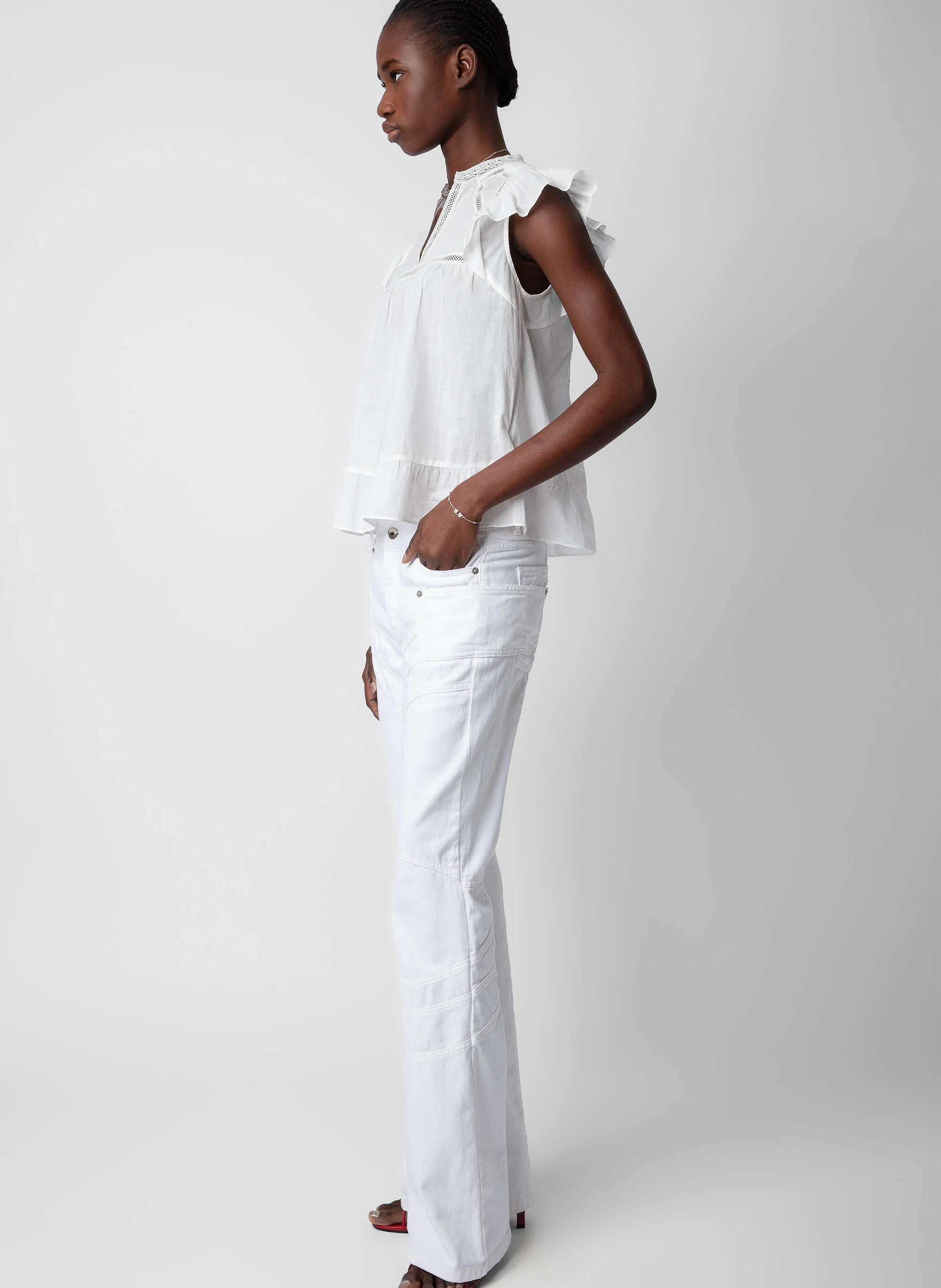 ELVIRA - Jean flare à empiècements en coton | Blanc