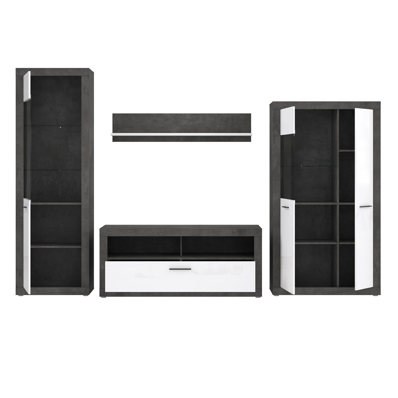 4-teiliges Wohnwand-Set - Betonoptik - weiß - 314 cm breit