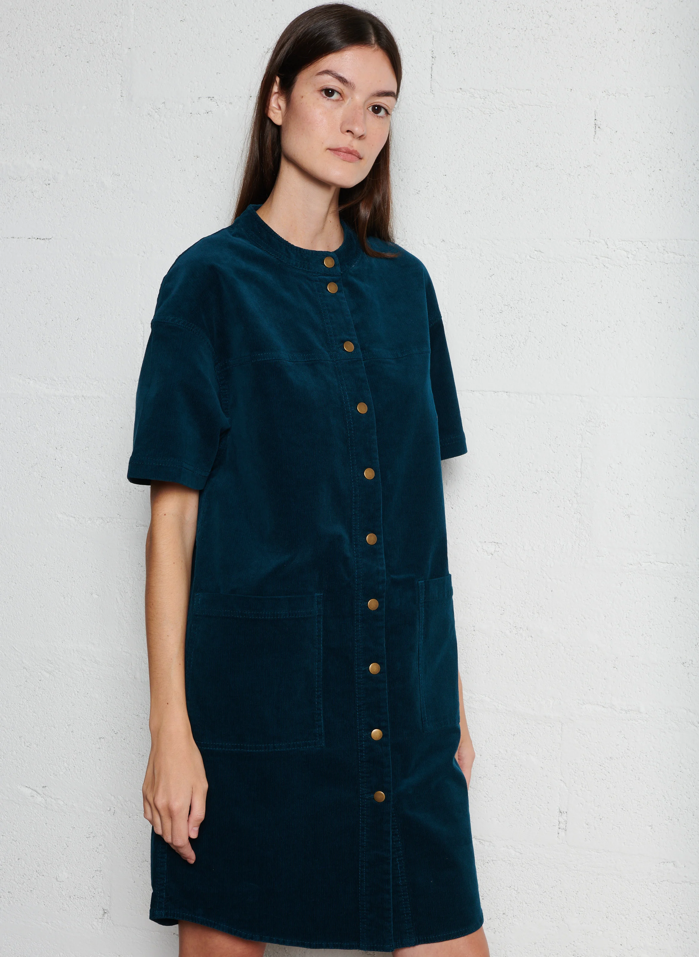 MARTHE - Robe chemise midi en velours côtelé | Bleu
