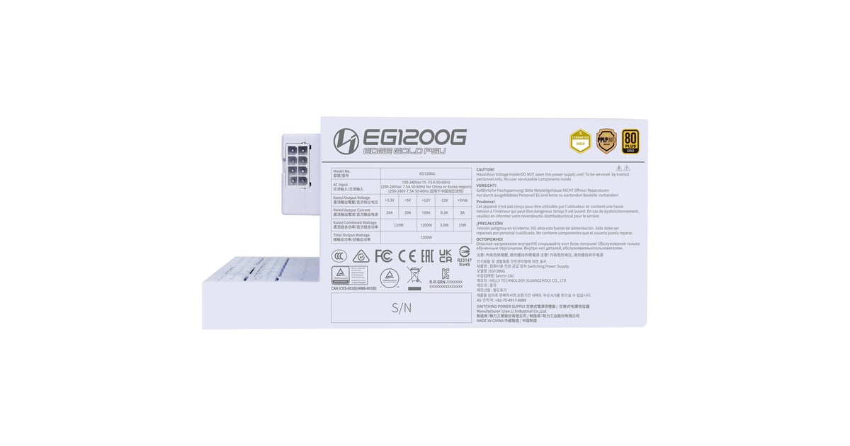 Lian LiEDGE GOLD 1200 modulaire 1200 watt voeding   (Wit, 1x 12V-2x6, 4x PCIe, 4x USB-header hub)