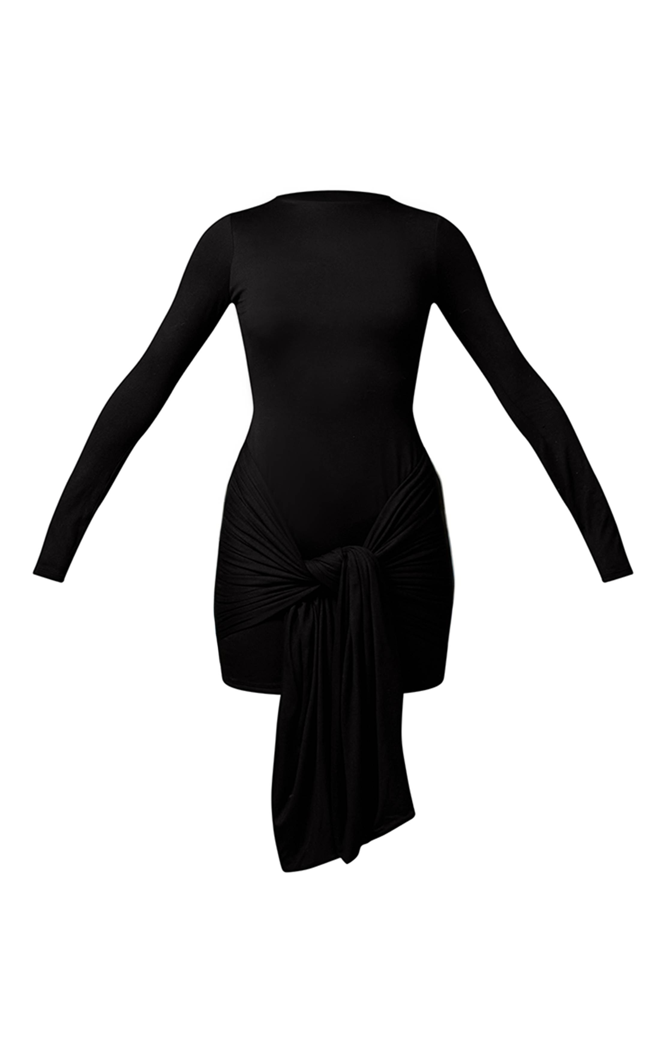 Noir Robe Moulante À Manches Longues Avec Détail Drapé En Tissu Double Contour