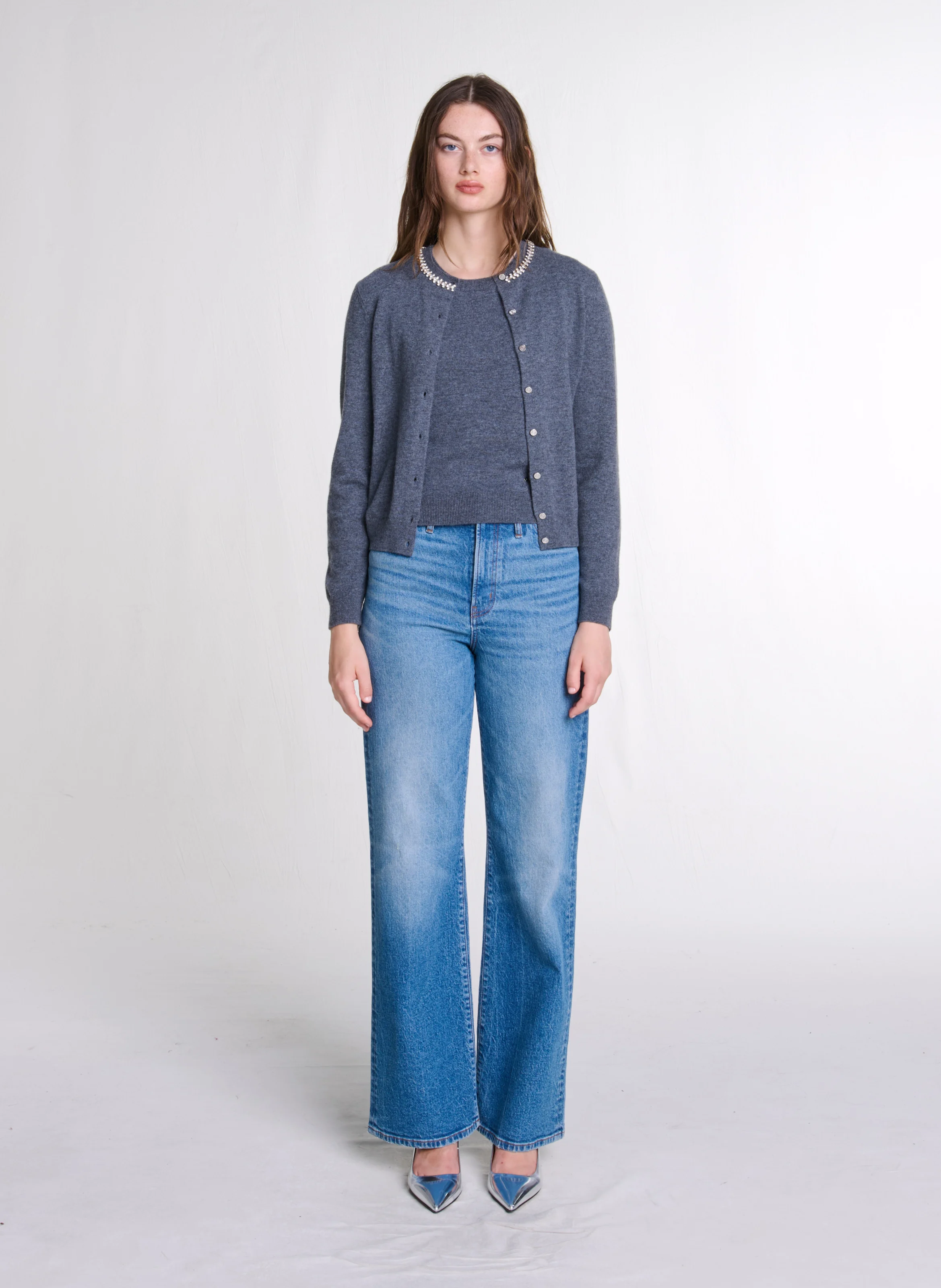 Gilet col rond en laine mélangée| Gris