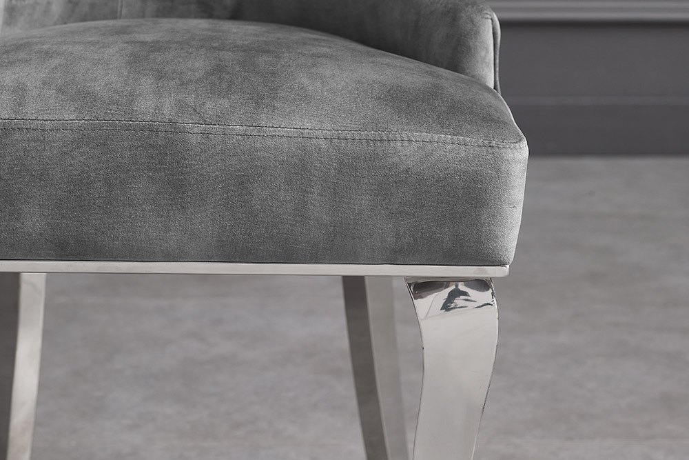 Stuhl MODERN BAROCK DELUXE grau Samt silber Edelstahlbeine mit Löwenkopf