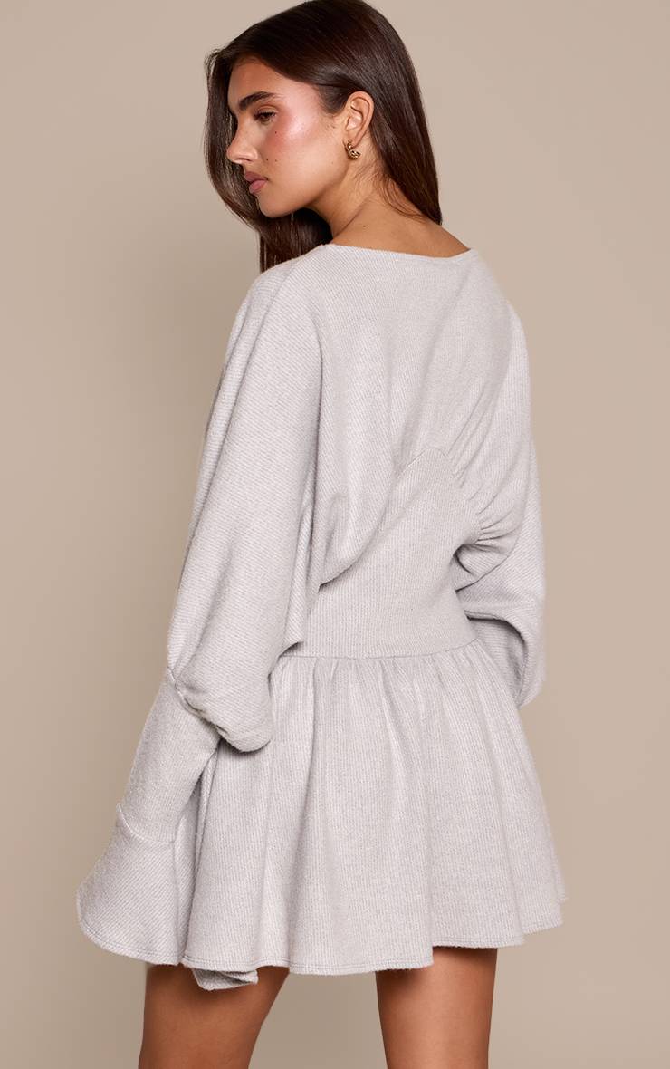 Gris Clair Robe Droite Décontractée En Maille Côtelée Brossée À Col V Et Manches Longues