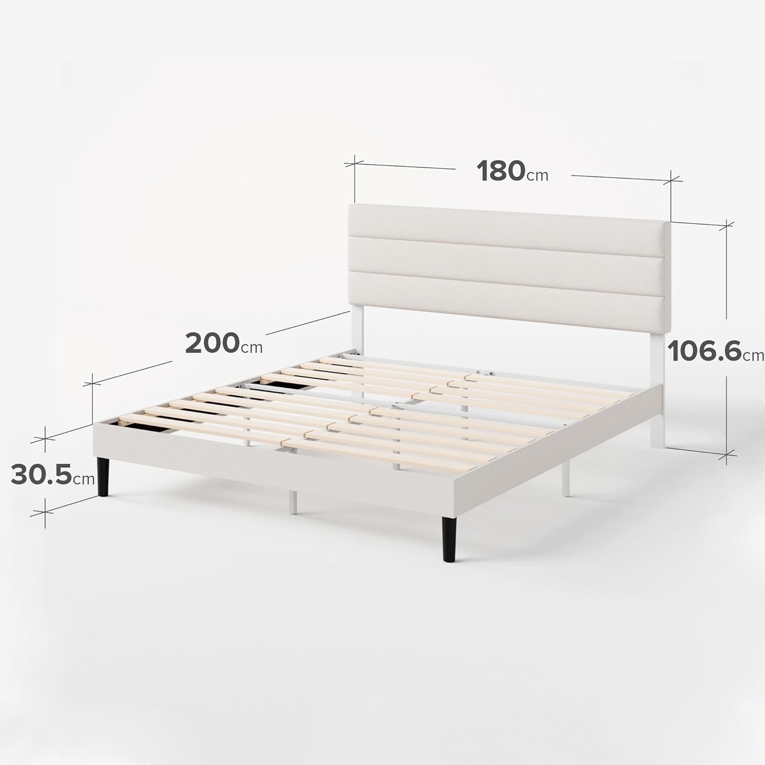 Zinus Piper Polsterbett 180x200 cm mit Kopfteil - 30 cm Hohes Bett 180x200 mit Lattenrost aus Holz - Kompakte Verpackung & Einfache Montage - Cremeweiß