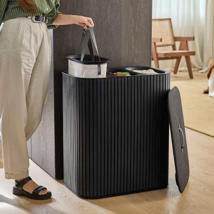 Joseph Joseph - Tota Twin Luxe Wäschetrennkorb mit zwei Fächern 90 l, Bambus ecru