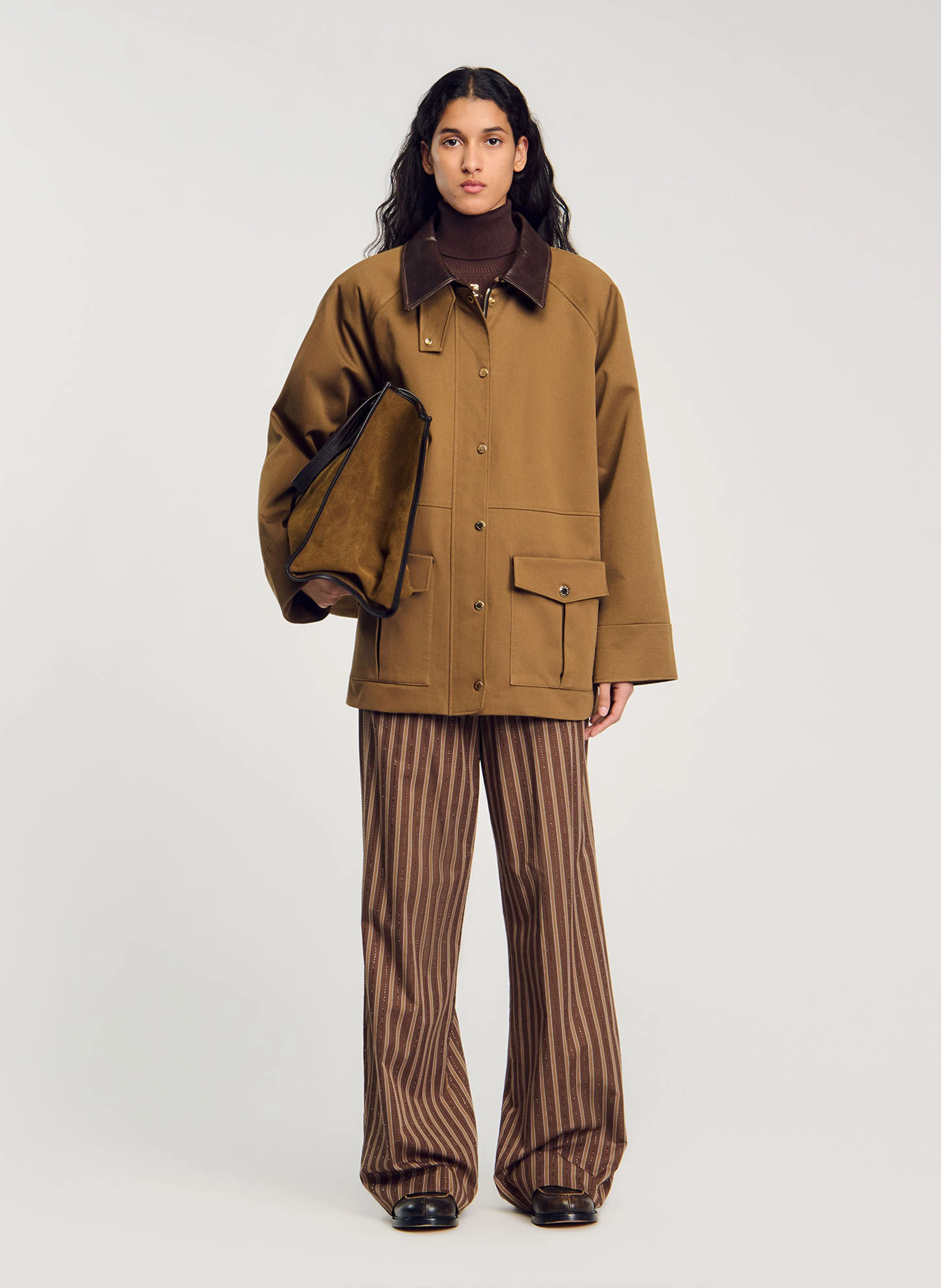 Pantalon large droit en coton rayé | Marron