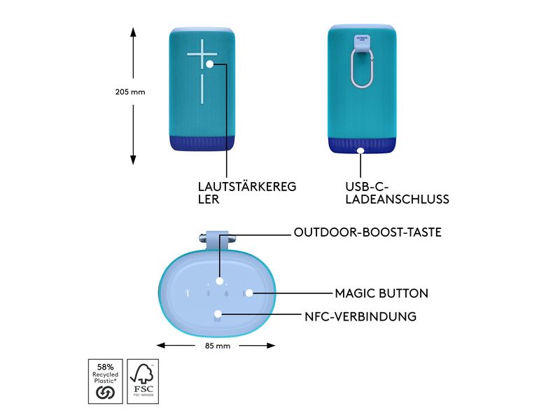 Ultimate Ears Bluetooth Speaker Everboom Blau Ultimativer mobiler Bluetooth-Lautsprecher mit ausgewogenem 360°-Sound, kräftigen Tiefen und anpassbarem EQ