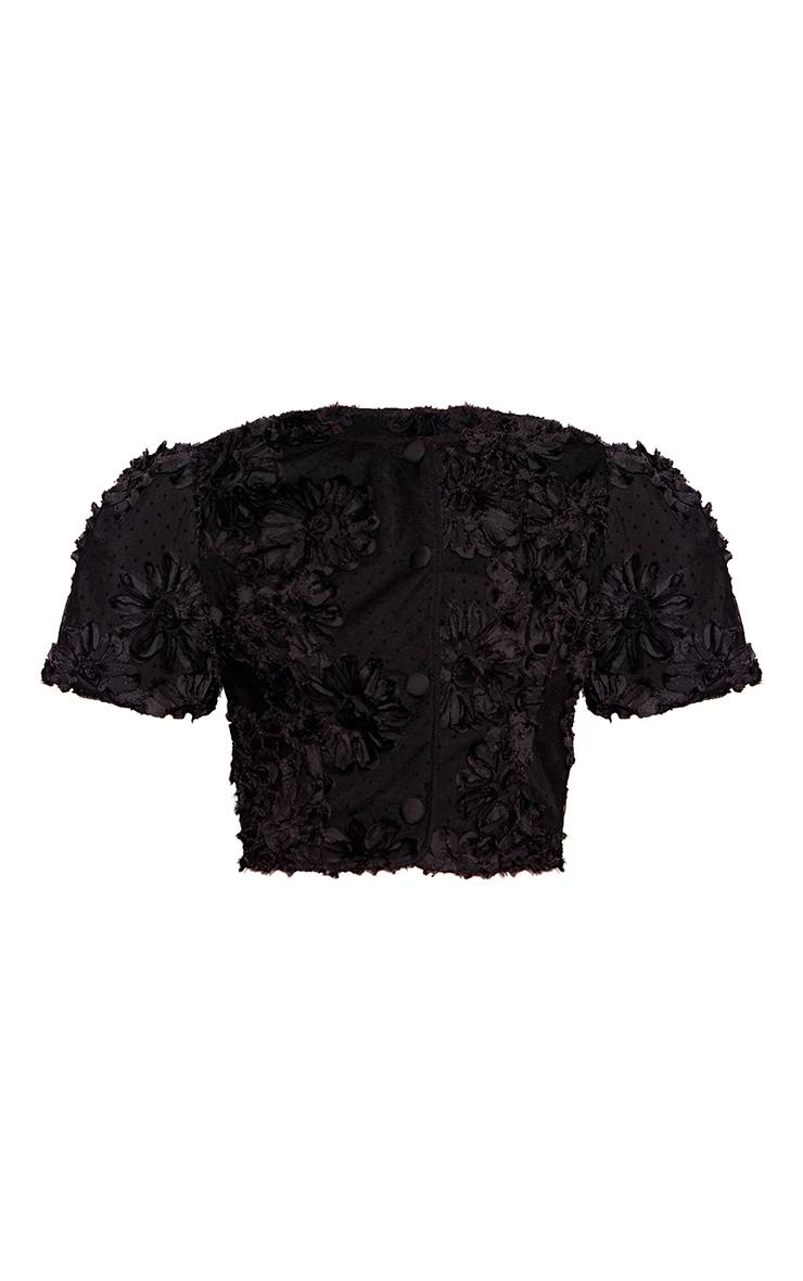 Noir Top Court Bouclé Fleuri À Manches Courtes Et Boutons Coordonné