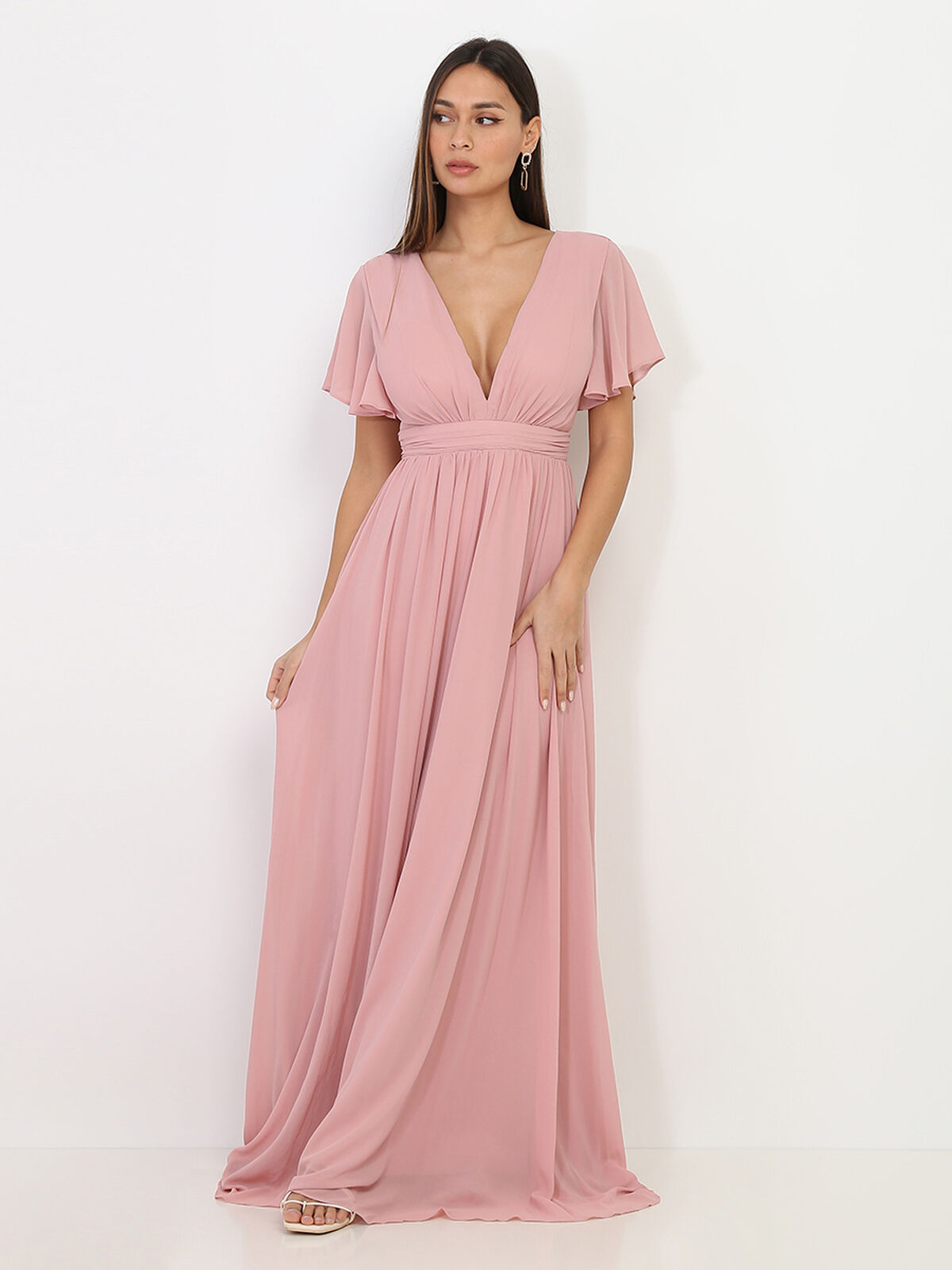 Robe longue à manches papillons- Vieux rose