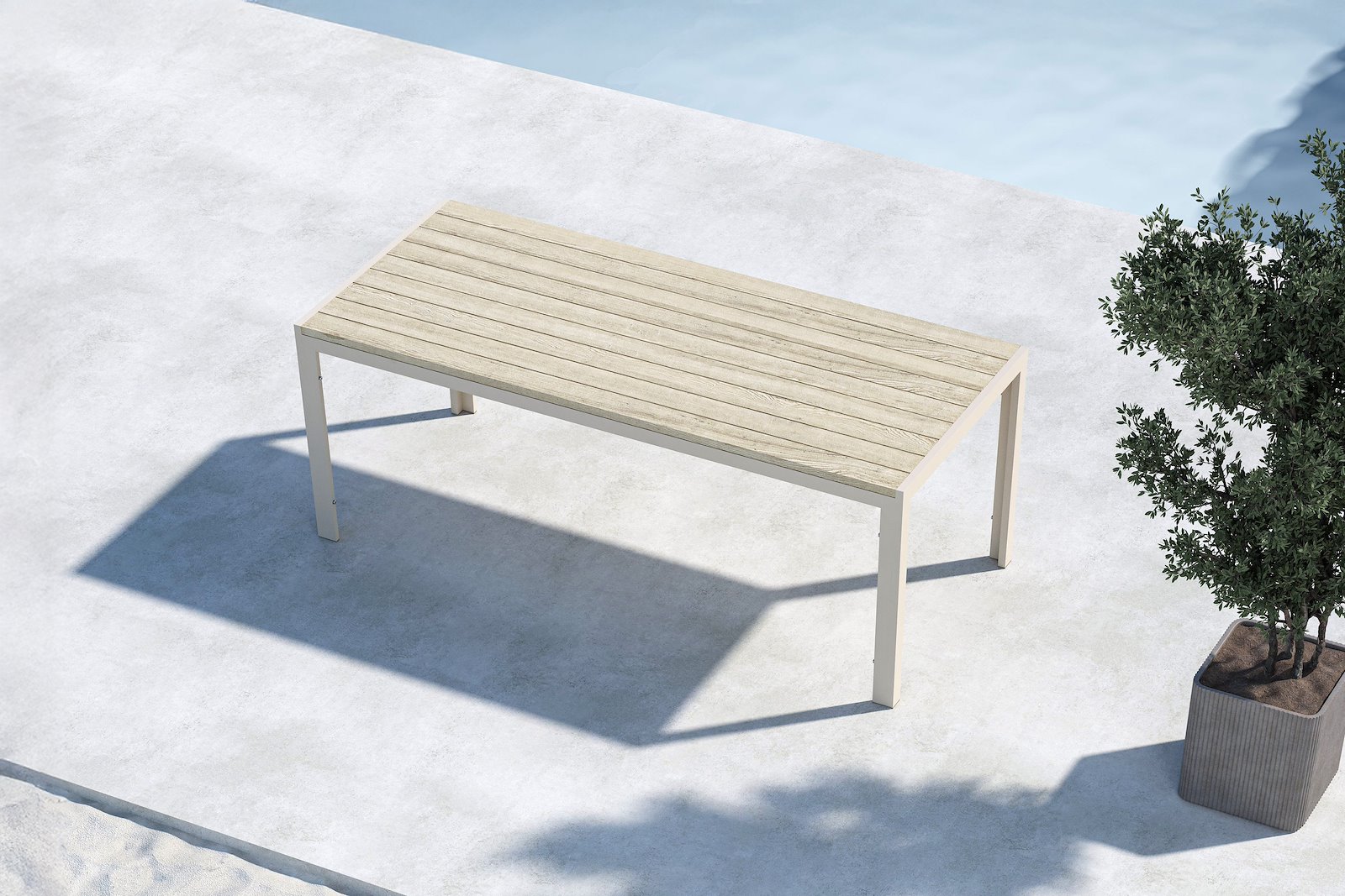 Mirko spisebord Hagebord i beigelakkert aluminium med beige plywood bordplate.
