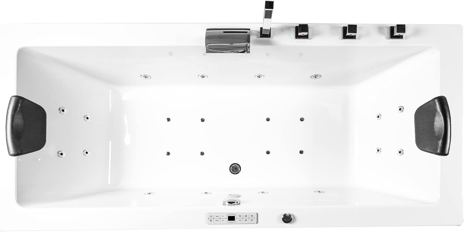 Classic Indoor Whirlpool Badewanne Naxos mit 24 Massagedüsen, Wasserfall, LED-Ambiente, Touchpanel, Bluetooth und Radio (180 x 80 x 62 cm)