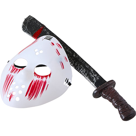Halloweensæt med maske og kniv L: 50 cm og H: 24 cm - multifarvet