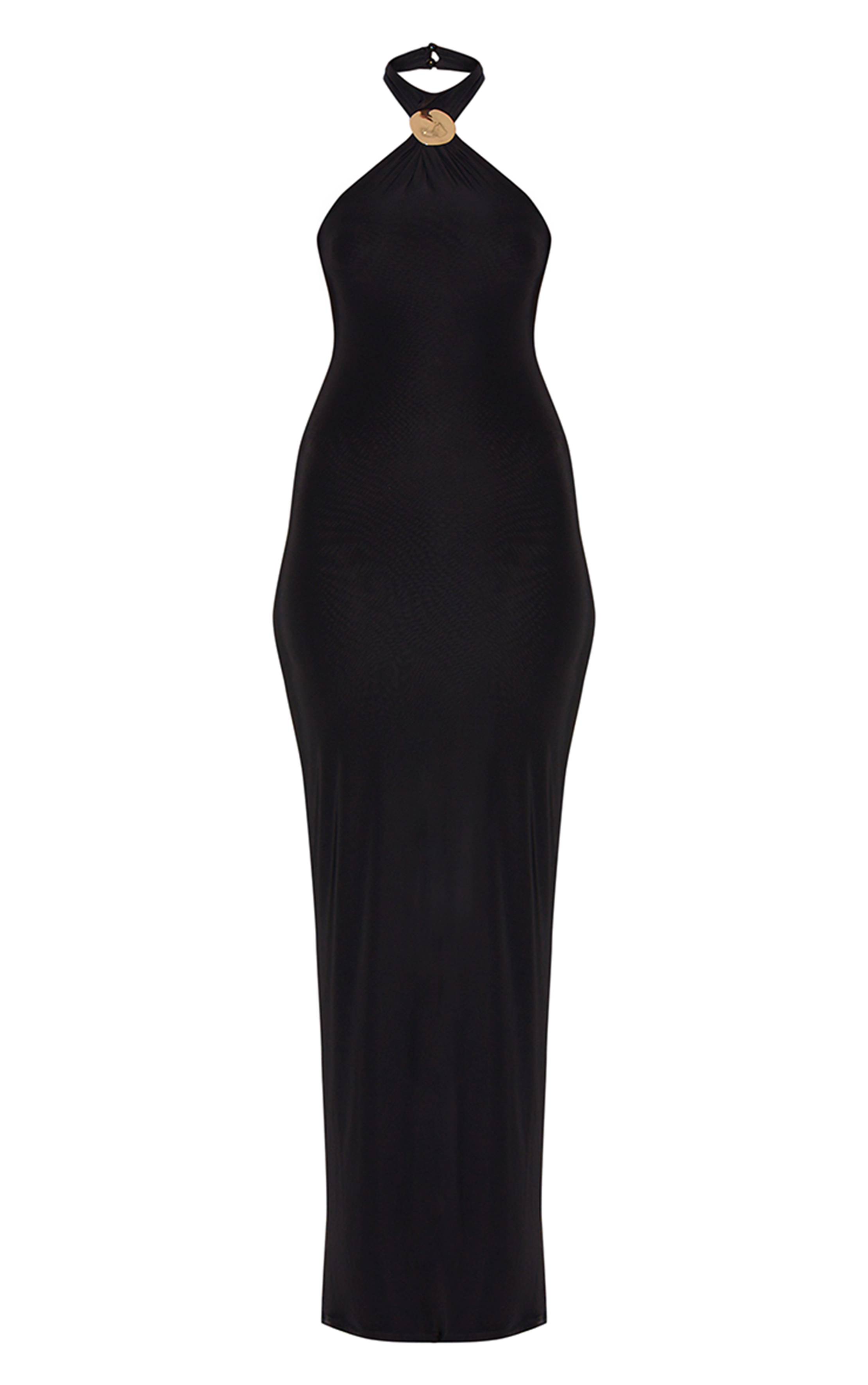 Noir Robe Longue À Double Couche En Tissu Slinky Avec Encolure Dos-nu Et Détail De Finition