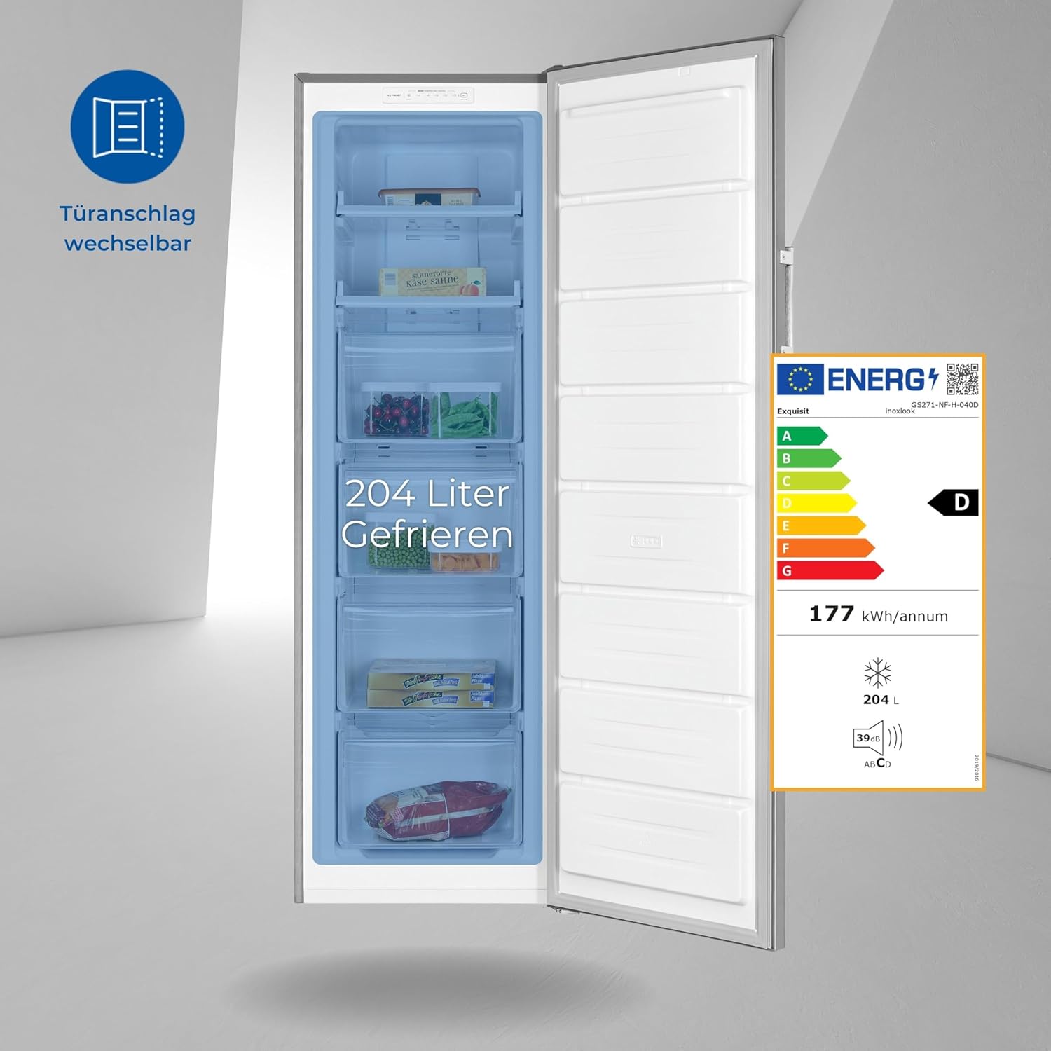 Exquisit Gefrierschrank GS271-NF-H-040D Inoxlook | No Frost | Nutzinhalt: 204 L | Temperaturregelung | Alarm