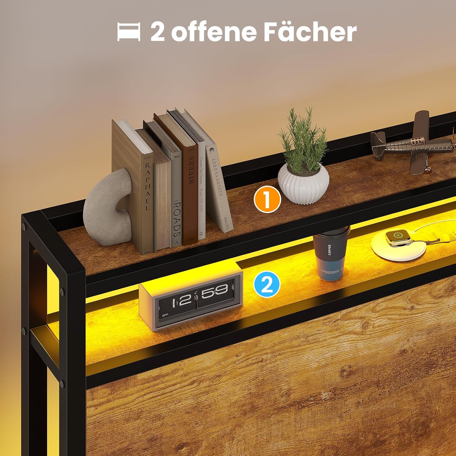 Bett 120x200cm mit LED Beleuchtung und 2 USB+2 AC Steckdose Metallbett Bettgestell 120x200 mit Metallrahmen &Holzkopfteil mit Stauraum, Bettrahmen Doppelbett Robust und Stabil Leichte Montage