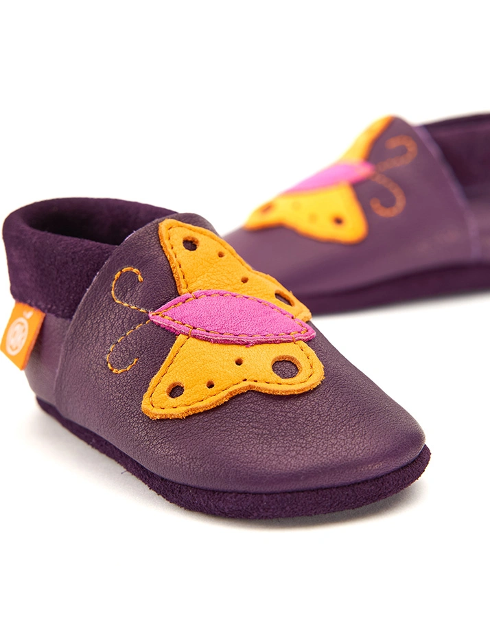 Leder-Hausschuhe BUTTERFLY DER SCHMETTERLING in aubergine