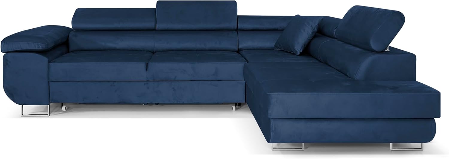 Ecksofa mit Schlaffunktion PASTI L-Form, Sofa Couch mit Bettkasten, 3-Sitzer Eckcouch, Schlafsofa für Wohnzimmer, Big Sofa Couch mit Schlaffunktion (Blau, Ottomane Rechts)