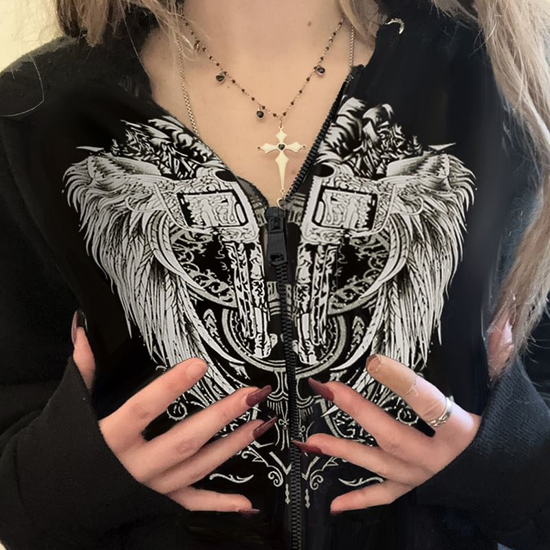 BrickBlack - Cropped hoodie met rits en vleugelprint