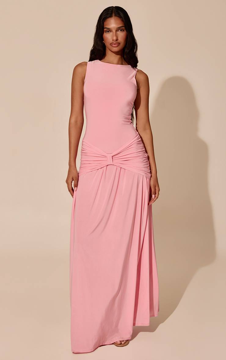 Rose Bébé Robe Longue En Jersey Slinky Double Couche Avec Col Bateau Et Détail Drapé