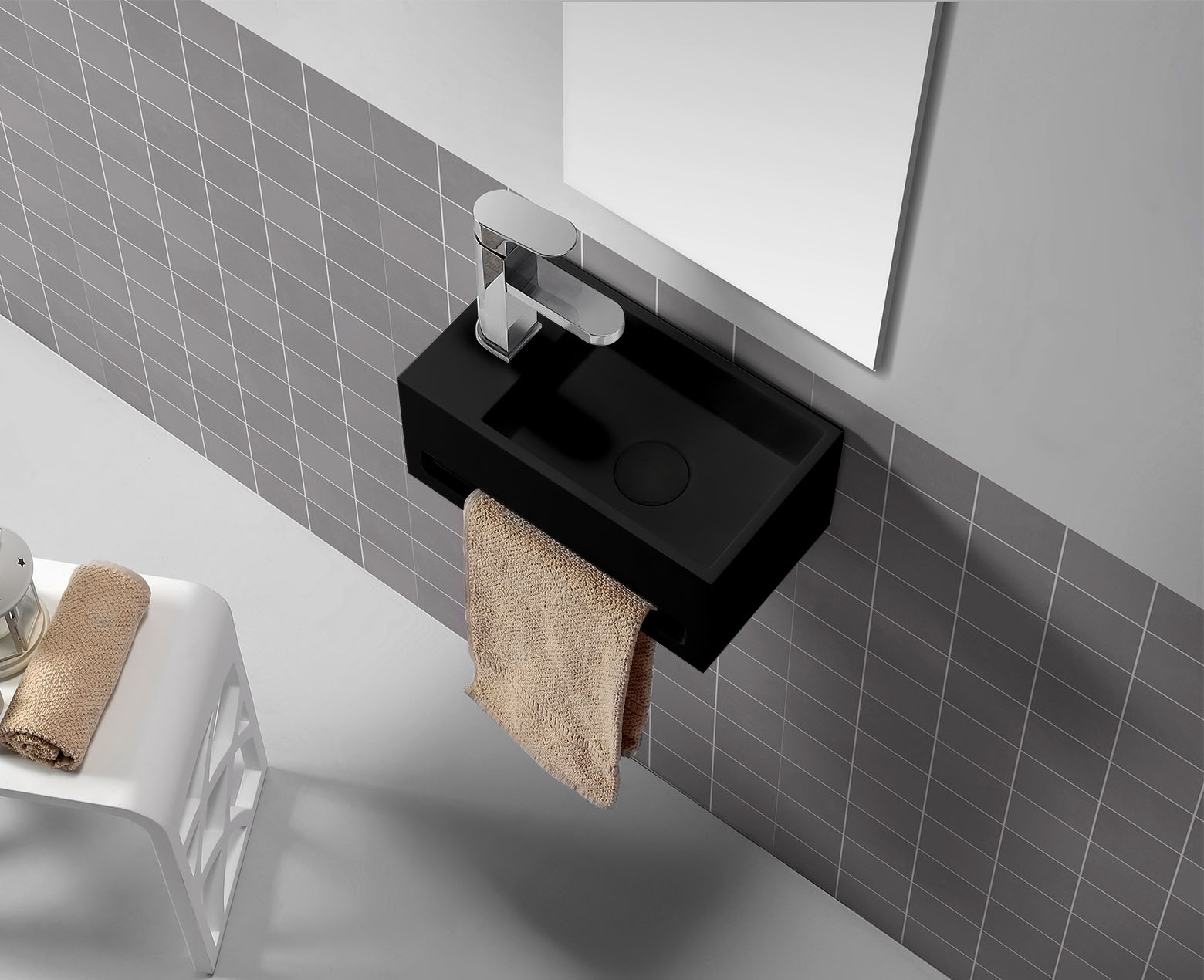 SCHADEMODEL: Saniclear Bali mat zwarte solid surface fontein 36x20cm links